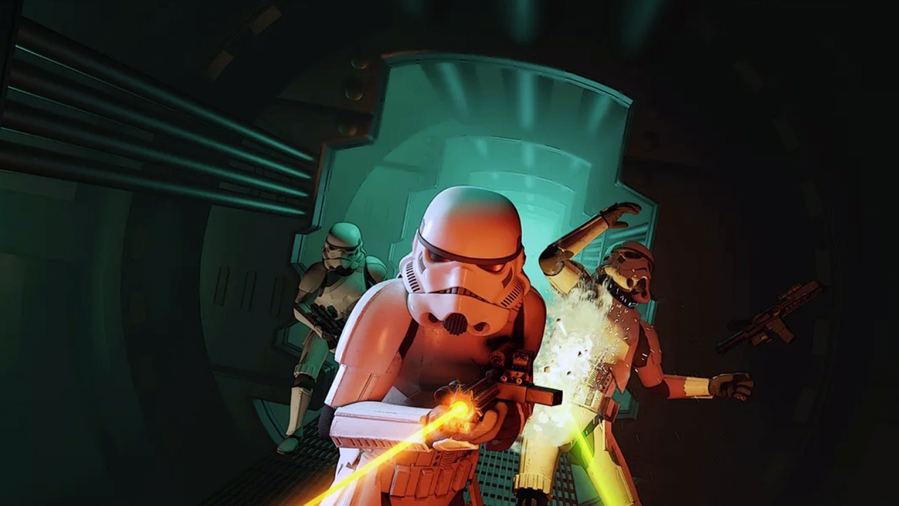 Stills aus dem Videospiel Star Wars: Dark Forces. Drei Sturmtruppler stürmen auf dich zu in einem engen Korridor und feuern ihre Blastergewehre ab.