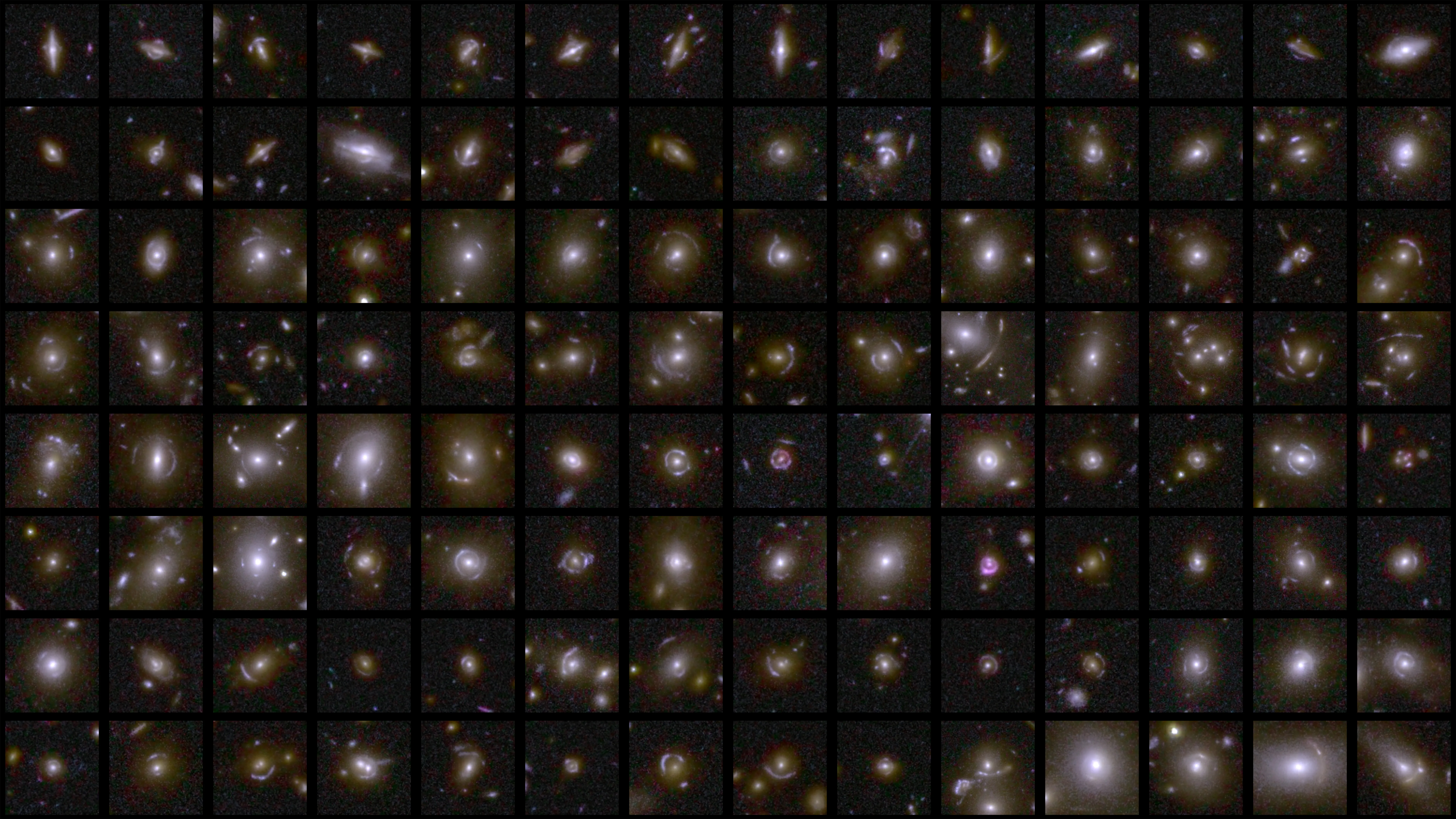 Eine Collage aus vierzehn mal acht Quadraten, die Beispiele für Gravitationslinsen enthält. Jedes Beispiel zeigt typischerweise ein helles Zentrum mit verschmierten Sternen in einem Bogen oder mehreren Bögen darum herum. Dies entsteht, wenn Licht von fernen Galaxien, das sich in Richtung Euclid bewegt, durch normale und dunkle Materie im Vordergrund abgelenkt und verzerrt wird. In seltenen Fällen bildet die Verschmierung einen vollständigen Ring, der als sogenannter Einstein-Ring bezeichnet wird.